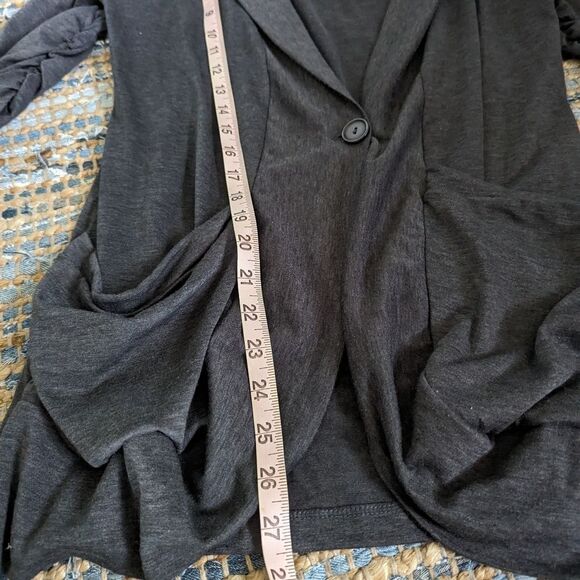 Cardigan M Ruched 3/4 Sleeve Vneck Front Gray Rayon Pockets 1 Button Casual - Picture 5 of 7